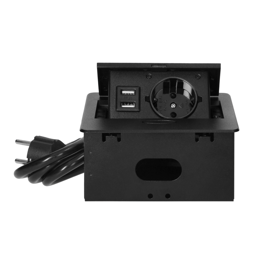 Recessed furniture socket with USB charger and 1.5m long cable, 1x2P+E Schuko, 2xUSB (type A, 2.1A), flat milled edge, black